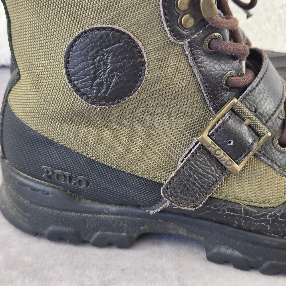 Polo Ralph Lauren Boys Duck Boots Black Olive Green Leather Size 3 RF S10428